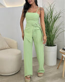 2 Pieces Outfit Sleeveless Elastic Strap Asymmetrical Hem Tied Detail Cami Top and Casual Elastic Back Waist Wide Leg Pleated Pants Set