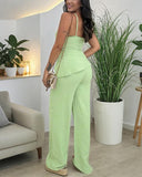 2 Pieces Outfit Sleeveless Elastic Strap Asymmetrical Hem Tied Detail Cami Top and Casual Elastic Back Waist Wide Leg Pleated Pants Set