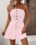 Polka Dot Bandeau Sleeveless Shirred Rompers Casual Button Decor Tied Detail Short Jumpsuit