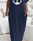 Anchor Print Cold Shoulder Short Sleeve Dress Casual Pocket Design Loose Fit Maxi Dress
