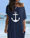 Anchor Print Cold Shoulder Short Sleeve Dress Casual Pocket Design Loose Fit Maxi Dress