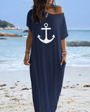 Anchor Print Cold Shoulder Short Sleeve Dress Casual Pocket Design Loose Fit Maxi Dress