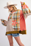 Multicolour Waffle Knit Plaid Patchwork Side Slits Loose Sweatshirt