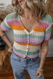 Orange Colorblock Striped Pointelle Knit V Neck Buttoned Crop Short Sleeve Sweater