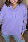 Black Sequin Patchwork High Low Hem Henley Sweatshirt