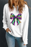 White Mardi Gras Bow Graphic Drop Shoulder Sweatshirt