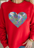 Red Bold Sequin Heart Crewneck Valentines Pullover Sweatshirt