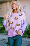 Orchid Petal Mardi Gras Doughnut Graphic Sequin Patchwork Long Sleeve Top