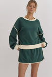 Evergreen Color Contrast Loose Pullover and Lace-up Waist Skort Set