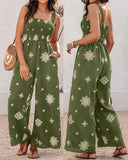 Embroidery Patchwork Thick Strap Square Neck Shirred Jumpsuit Wide Leg Vacation Overalls with Pockets