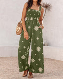 Embroidery Patchwork Thick Strap Square Neck Shirred Jumpsuit Wide Leg Vacation Overalls with Pockets