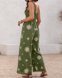 Embroidery Patchwork Thick Strap Square Neck Shirred Jumpsuit Wide Leg Vacation Overalls with Pockets