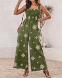 Embroidery Patchwork Thick Strap Square Neck Shirred Jumpsuit Wide Leg Vacation Overalls with Pockets