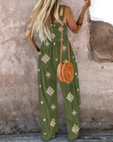 Embroidery Patchwork Thick Strap Square Neck Shirred Jumpsuit Wide Leg Vacation Overalls with Pockets