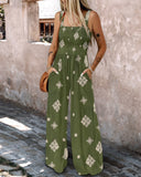 Graphic Print Thick Strap Square Neck Shirred Jumpsuit Wide Leg Vacation Overalls with Pockets