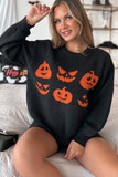 Black Halloween Pumpkin Face Pattern Drop Shoulder Sweater