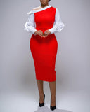 Colorblock One Shoulder Gigot Sleeve Pencil Dress Cinched Waist Bodycon Dress