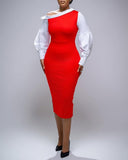 Colorblock One Shoulder Gigot Sleeve Pencil Dress Cinched Waist Bodycon Dress