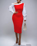 Colorblock One Shoulder Gigot Sleeve Pencil Dress Cinched Waist Bodycon Dress