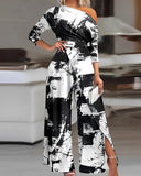 Tie Dye Print Cold Shoulder Slit Wide Leg Jumpsuit