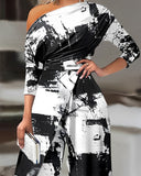 Tie Dye Print Cold Shoulder Slit Wide Leg Jumpsuit