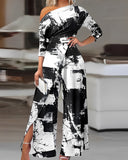 Tie Dye Print Cold Shoulder Slit Wide Leg Jumpsuit
