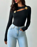 3D Flower Decor Long Sleeve Hollow Out T Shirt Casual Slim Fit Top