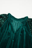 Evergreen Sequin Patchwork Sleeve Button Up Velvet Top