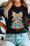 Black Heat Transfer Printing Christmas Tree Bowknot T-Shirt