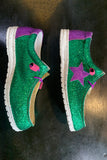 Tillandsia Purple Mardi Gras Star Glitter Color Block Patched Slip On Shoes
