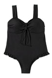 Black Plus Size Textured Knotted Ruffled Trim One Piece Swimwear