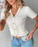 Chain Decor Buttoned Tweed Knit Top