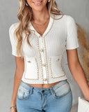 Chain Decor Buttoned Tweed Knit Top