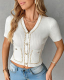 Chain Decor Buttoned Tweed Knit Top