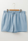 Beau Blue Washed Chambray Drawstring Elastic Waist Plus Size Shorts