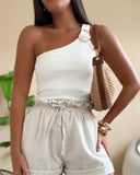 One Shoulder Goldren Decor Casual Slim Fit Ribbed Top