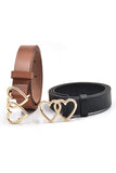 Chestnut Double Heart Shape Alloy Buckle PU Leather Belt