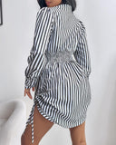 Striped Side Drawstring Buttoned Shirt Dress