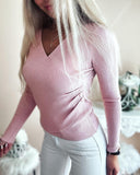 V Neck Ruched Side Button Decor Knit Sweater Slim Fit Pullover Top