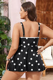 Black Polka Dot/Colorblock Trim V Neck Plus Size Swim Dress