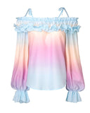 Ombre Cold Shoulder Lantern Sleeve Frill Ruffle Hem Blouse Top