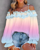 Ombre Cold Shoulder Lantern Sleeve Frill Ruffle Hem Blouse Top