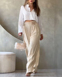 3D Flower Decor Ruched High Waist Wide Leg Pants