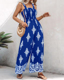 Graphic Print Square Neck Thick Strap Shirred Jumpsuit Wide Leg Overalls with Pockets