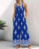 Graphic Print Square Neck Thick Strap Shirred Jumpsuit Wide Leg Overalls with Pockets