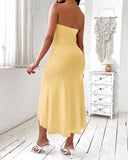 Eyelet Embroidery Bandeau Ruched Slit Casual Dress