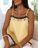 Square Neck Spaghetti Strap Colorful Tassel Decor Tank Casual Loose Fit Top