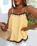 Square Neck Spaghetti Strap Colorful Tassel Decor Tank Casual Loose Fit Top