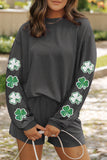 Carbon Grey Sequin Clover Graphic Corded Long Sleeve Top and Shorts Set