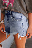 Beau Blue Pearl Studded Pockets Raw Hem Denim Shorts